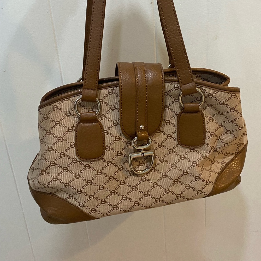 Etienne Aigner Handbag Purse Tote Signature Logo Canvas  And Leather Vintage Tan